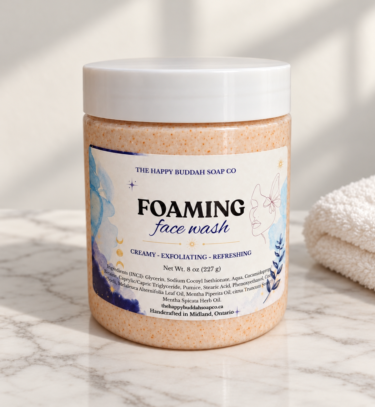 Foaming face scrub in soft natural daylight