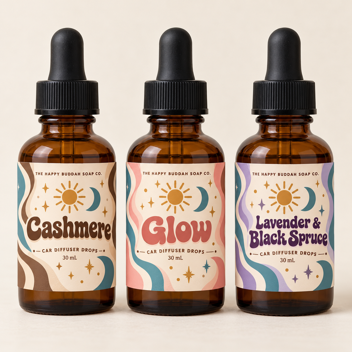 Cashmere, Glow and Lavender & Black Spruce car diffuser drops, 30 mL