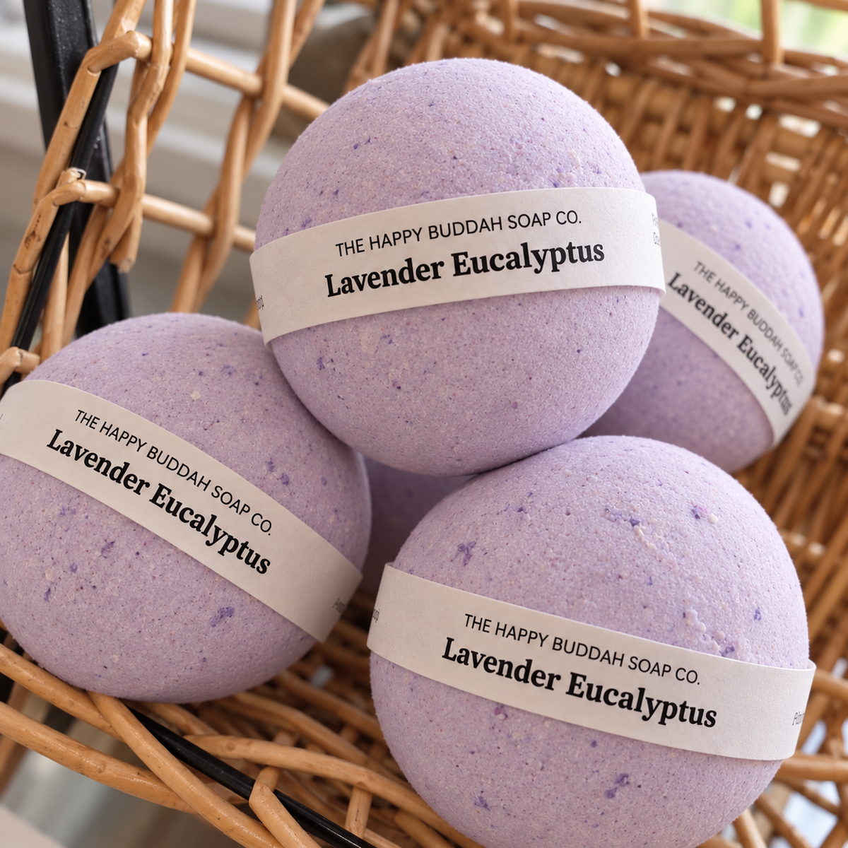 lavender eucalyptus bath bombs in soft natural light