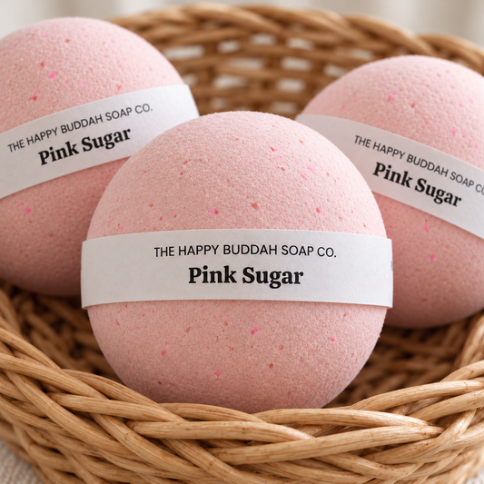 pink sugar bath bombs in soft natural light