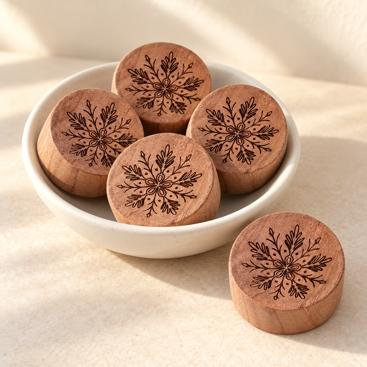 Snowflake wooden car vent diffusers styled in a white bowl; sold individually