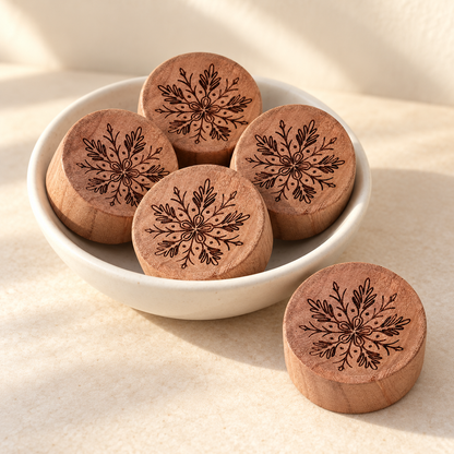 Snowflake wooden car vent diffusers styled in a white bowl; sold individually