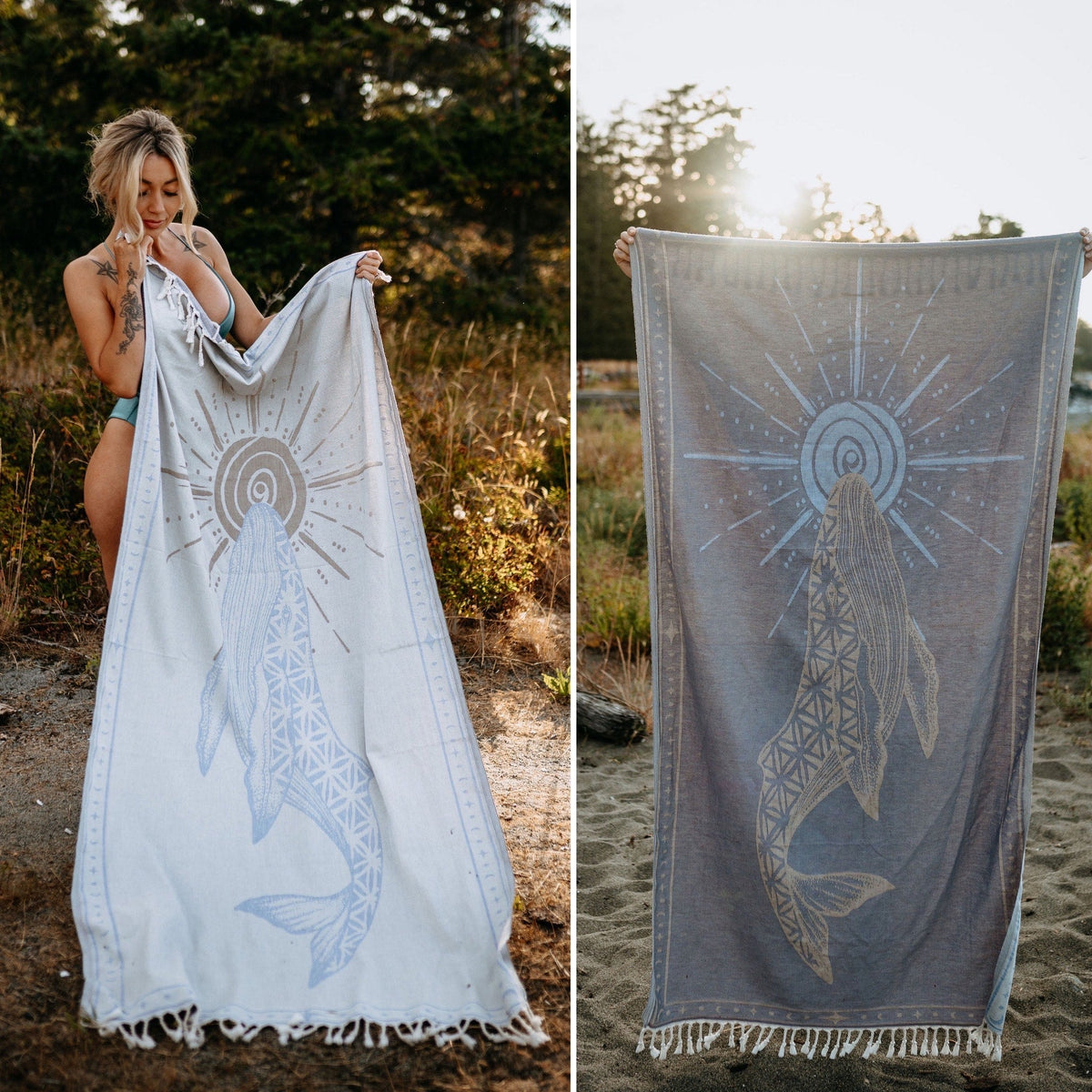 Storm Blue Seed Of Life Whale 100% Cotton Turkish Towel